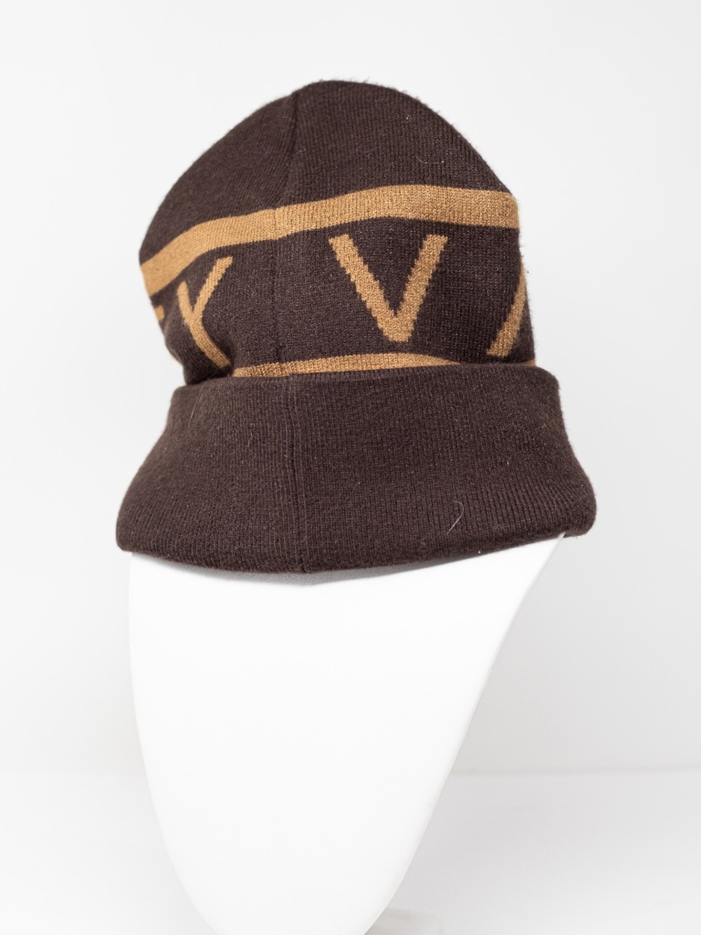 Varley Belden Wool Blend True Knit Stretch Logo Graphic Print Beanie Hat Coffee